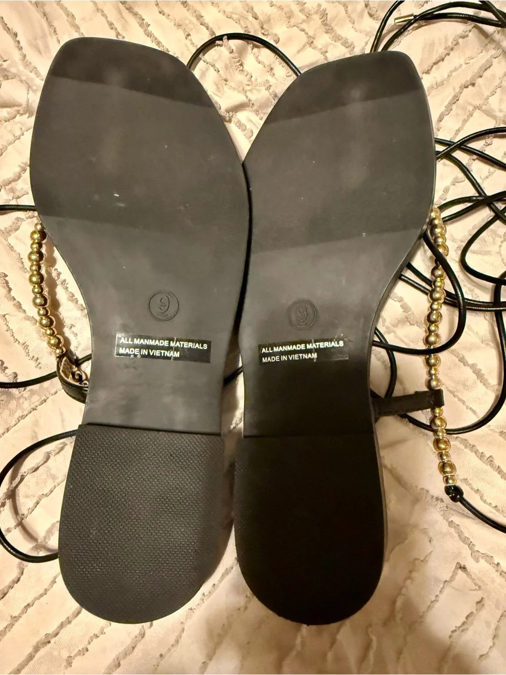 DV by Dolce Vita Black Leather Lace-Up Sandals with Gold Beaded Straps
